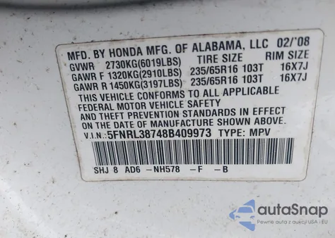 2008 Honda Odyssey Ex-L из США, поврежденный, VIN 5FNRL38748B409973